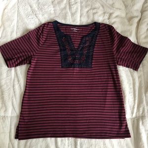 Burgundy and Navy Striped Short Sleeve Top